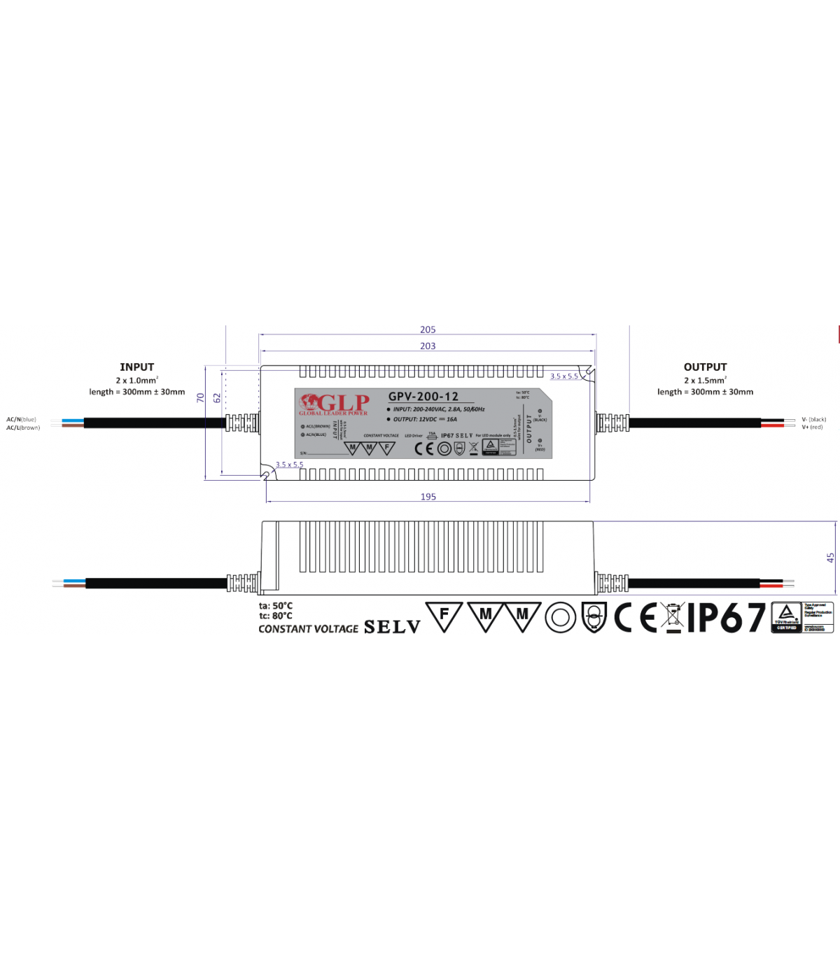 GLSV-200B012 Alimentation LED métallique 200W 12V 16.6A étanche IP67