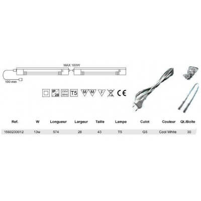 Reglette electronique T5 13w avec interupteur et prise