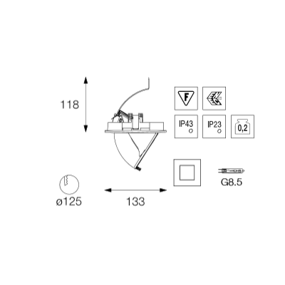 Spot Targetti Nautus 1T1324 G8.5 iodure avec lampe et ballast