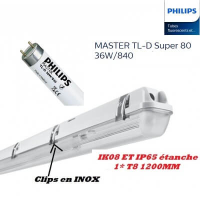 Réglette Park 1*T8 1200MM Etanche IP65 IK08 avec tube PHILIPS 36w 840