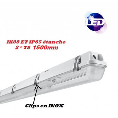 Réglette Park 2*T8 1200MM Etanche IP65 IK08 Clips INOX pour 2 tubes LED
