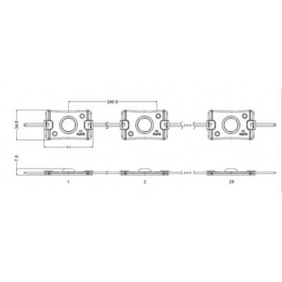 Chaine de 20 modules LED 2w/module Blanc 6000K-8000k 12v IP67 170°