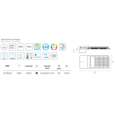 Lanterne éclairage public STRADA 60W Blanc froid 4200K 6000lumens IP66