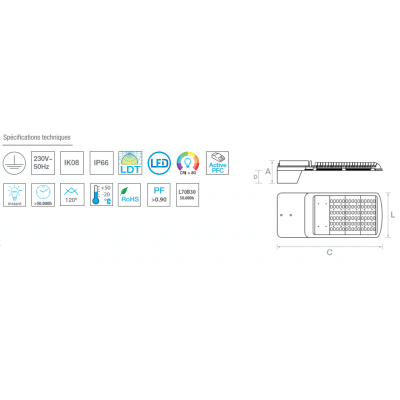 Lanterne éclairage public STRADA 150W Blanc froid 4200K 16 800 lumens IP66