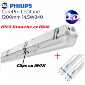 Réglette Double avec 2 tubes Philips 2*14.5W 1600 lumens Blanc froid 4000K IK08 IP65 étanche INOX 1200mm