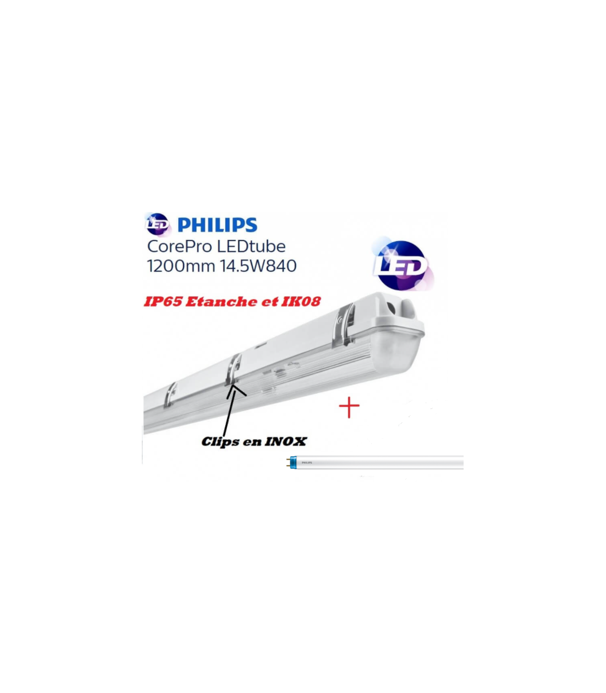 Réglette 1*T8 avec tube Philips 15,5W substitut 36w 1800lm 4000K IP65  étanche1200mm