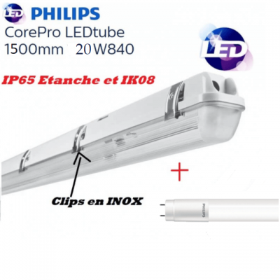 Réglette 1*T8 avec 1 tube Philips 20W substitut 50W 2200 lumens Blanc froid 4000K IK08 IP65 étanche 1500mm