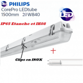 Réglette 1*T8 avec 1 tube Philips 20W substitut 58W 2200 lumens Blanc froid 4000K IK08 IP65 étanche 1500mm