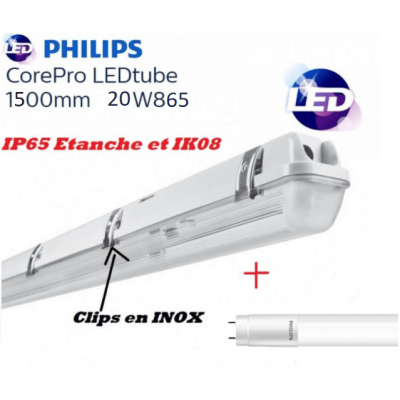 Réglette 1*T8 avec 1 tube LED Philips 20W substitut 58w 2200 lumens 6500K Blanc lumière du jour IK08 IP65 étanche 1500mm