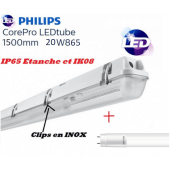 Réglette 1*T8 avec 1 tube LED Philips 20W substitut 58w 2200 lumens 6500K Blanc lumière du jour IK08 IP65 étanche 1500mm