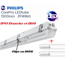 Réglette 2*T8 avec 2 tube LED Philips 20W substitut 58w 4400 lumens 6500K Blanc lumière du jour IK08 IP65 étanche 1500mm