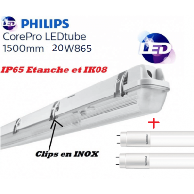 Réglette 2*T8 avec 2 tube LED Philips 20W substitut 58w 4400 lumens 6500K Blanc lumière du jour IK08 IP65 étanche 1500mm