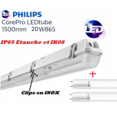 Réglette LED 2*T8 avec 2 tubes LED Philips 20W substitut 58w 4400 lumens 6500K Blanc lumière du jour IP65 étanche 1500mm