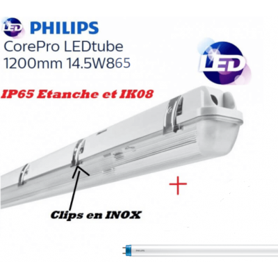 Réglette LED 1*T8 avec tube Philips 14,5W substitut 36W 1600Lm 6500K IP65 étanche 1200mm