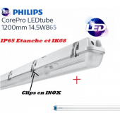 Réglette LED 1*T8 avec tube Philips 14,5W substitut 36W 1600 lumens 6500K Blanc lumière du jour IP65 étanche 1200mm