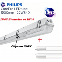 Réglette 2*T8 avec 2 tubes LED Philips 20W substitut 58W 4400lm 4000K  IP65 1500mm