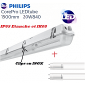Réglette led 2*T8 avec 2 tubes Philips 20W substitut 58W 4400 lumens 4000K Blanc froid IP65 étanche 1500mm