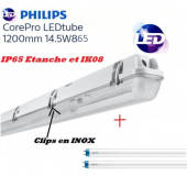 Réglette LED 2*T8 avec 2 tubes Philips 14,5W substitut 36W 3200 lumens 6500K Blanc lumière du jour IP65 étanche 1200mm