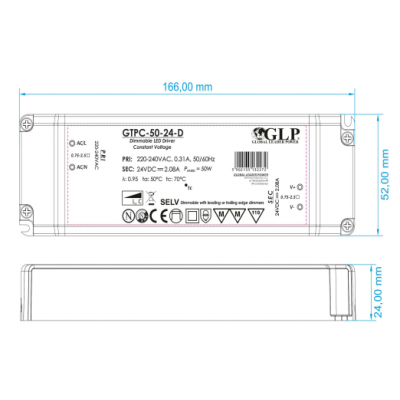SCHEMA Alimentation LED GLP 50W 24V 0.5-2.08A Dimmable Triac GTPC-50-24-D