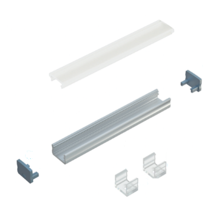 Kit profile Alu Type A 1m avec couvercle + 2 bouchons de finition et 2 supports de fixation Kit profile Alu Type A 1m avec couvercle + 2 bouchons de finition et 2 supports de fixation
