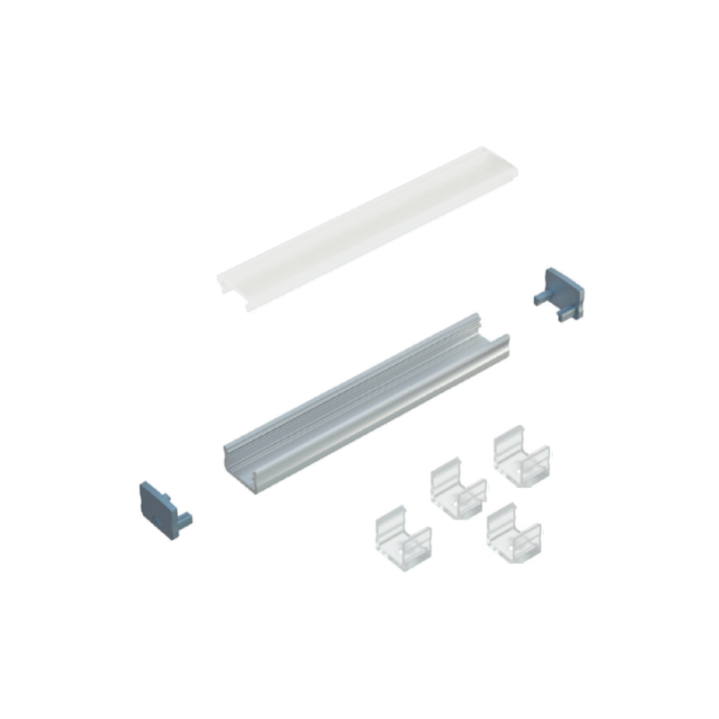 Kit profile Alu Type A 2m avec couvercle + 2 bouchons de finition et 2 supports de fixation Kit profile Alu Type A 2m avec couvercle + 2 bouchons de finition et 2 supports de fixation