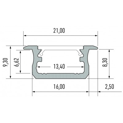 Kit profile Alu Type B encastré 2m avec couvercle + 2 bouchons de finition 10-0020-20