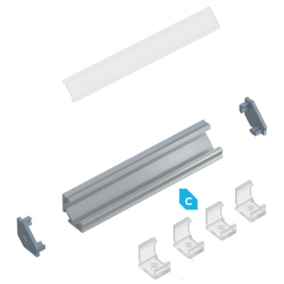 Kit profile Alu Type C encastré 2m avec couvercle + 2 bouchons de finition