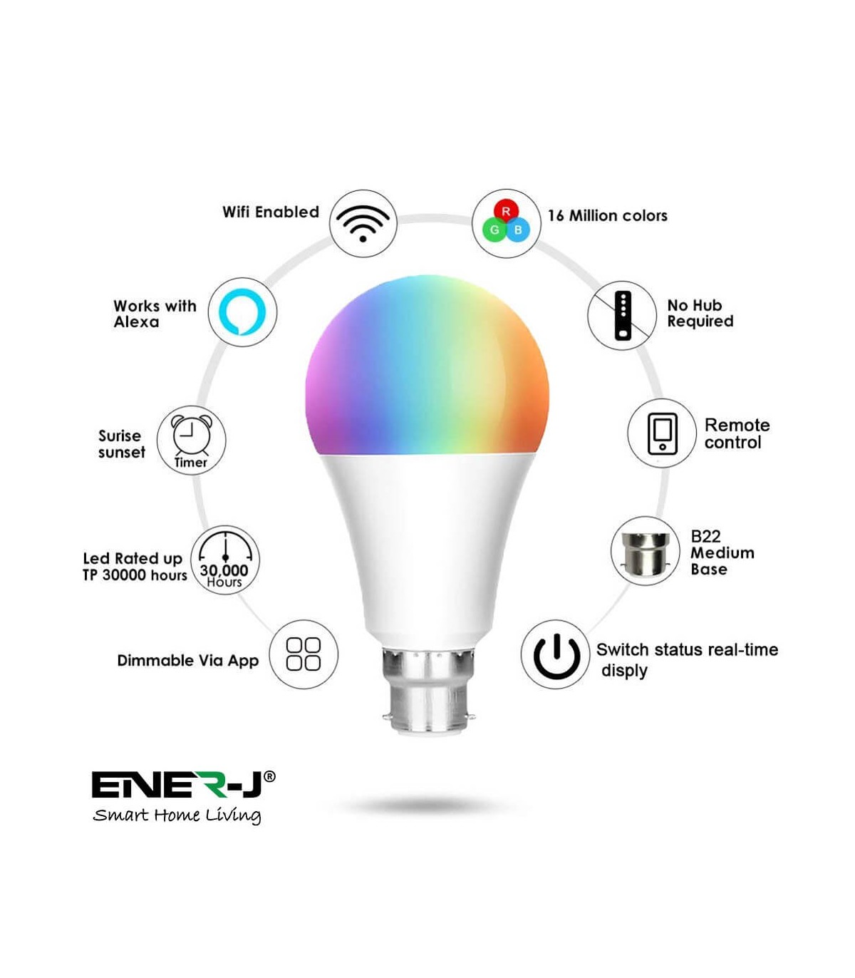 Ampoule connectée Smart Led Ener-j LED A60 9W équivalent 60W B22 RGB CCT