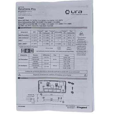 UR111317V- Les caractéristiques du bloc d'évacuation Urajet IP55 IK08 SATI Flux 45lm/1h - 0,8W fonction visibilité +