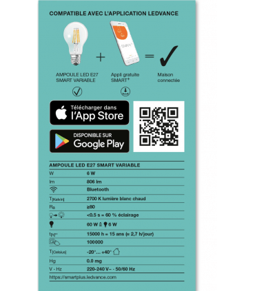 Ampoule LED Connectée OSRAM LEDVANCE smart BT A60 6W substitut 60W 806 lumens blanc chaud 2700K E27