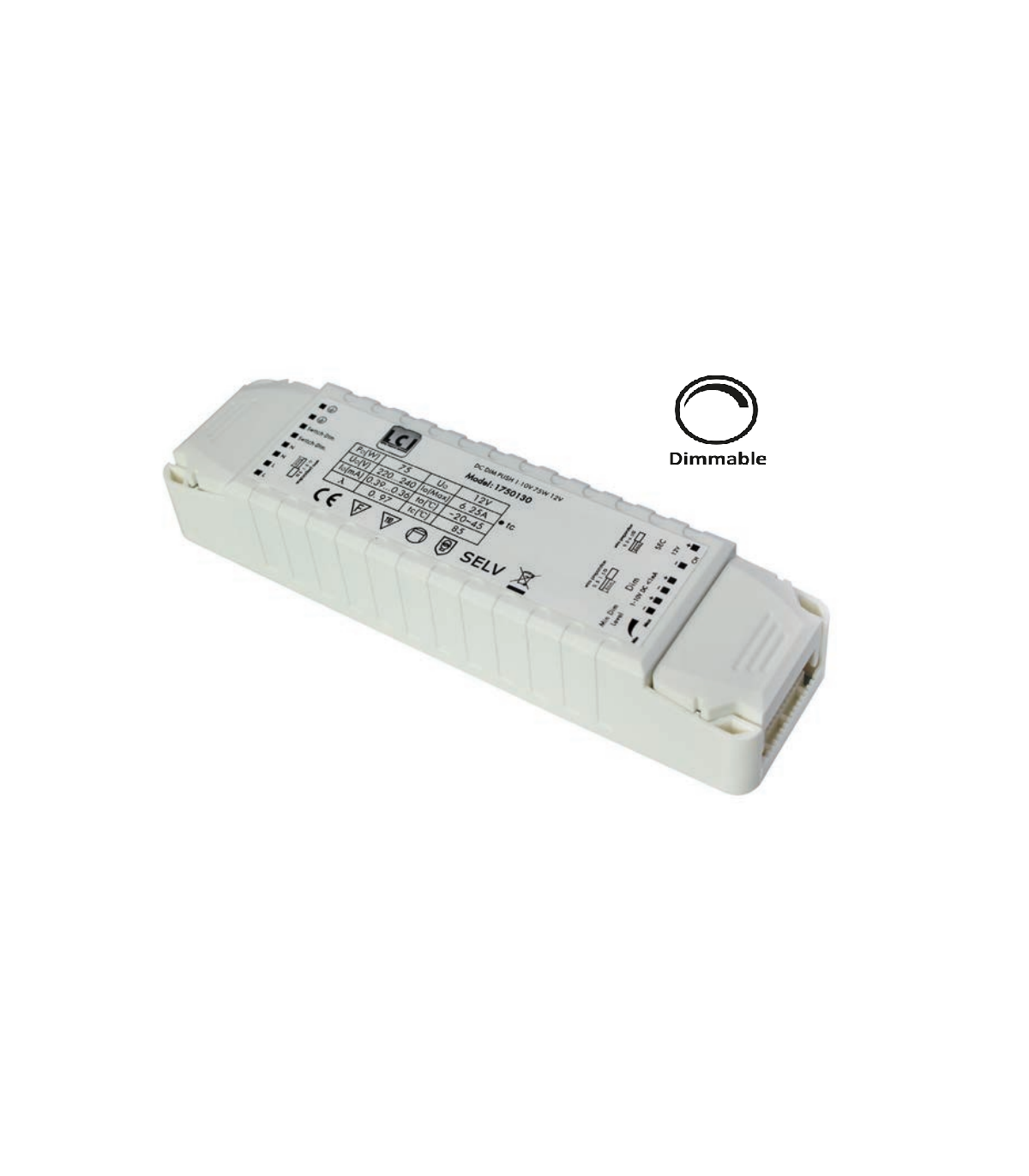 LCI Transformateur LED dimmable DIM PUSH et 1-10v 75w 12v IP20 1750130