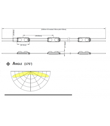 Chaîne de 20 modules WHITE 6500K 0.72w/module 12V IP67 175°