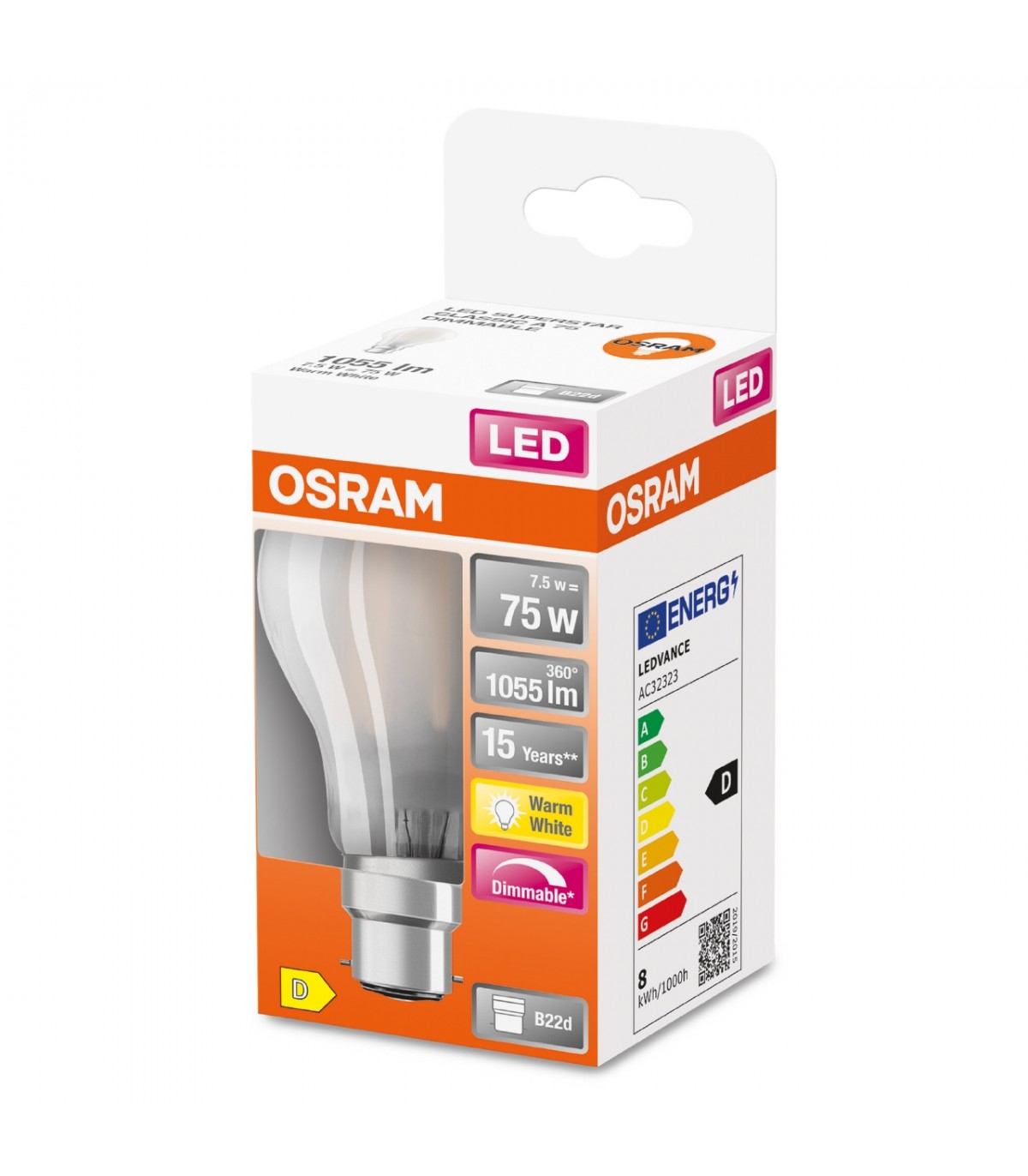 Ampoule LED Osram Standard A75 7.5W substitut 75W 1055lumens blanc chaud  2700K dimmable B22
