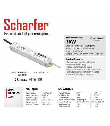 DRIVER LED Métallique SCHARFER 30W 12v 2.5A Etanche IP67 SCH-30-12