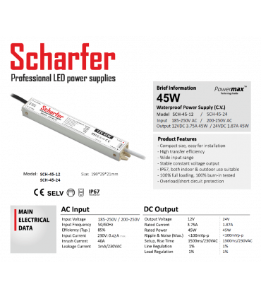Alimentation LED Métallique SCHARFER 45W 12v 3.75A Etanche IP67 SCH-45-12