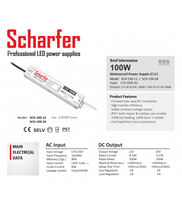 Alimentation LED Métallique SCHARFER 100W 12v 8.33A Etanche IP67 SCH-100-12