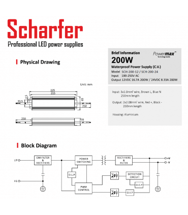 Alimentation LED Métallique SCHARFER 200W 12v 16.7A Etanche IP67 SCH-200-12