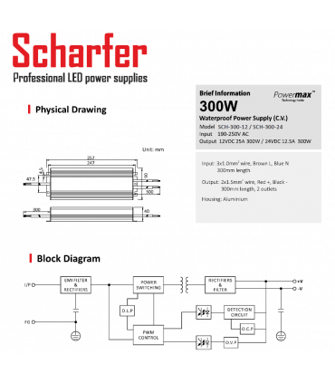 SCHARFER 300W 12v 25A Etanche IP67 SCH-300-12