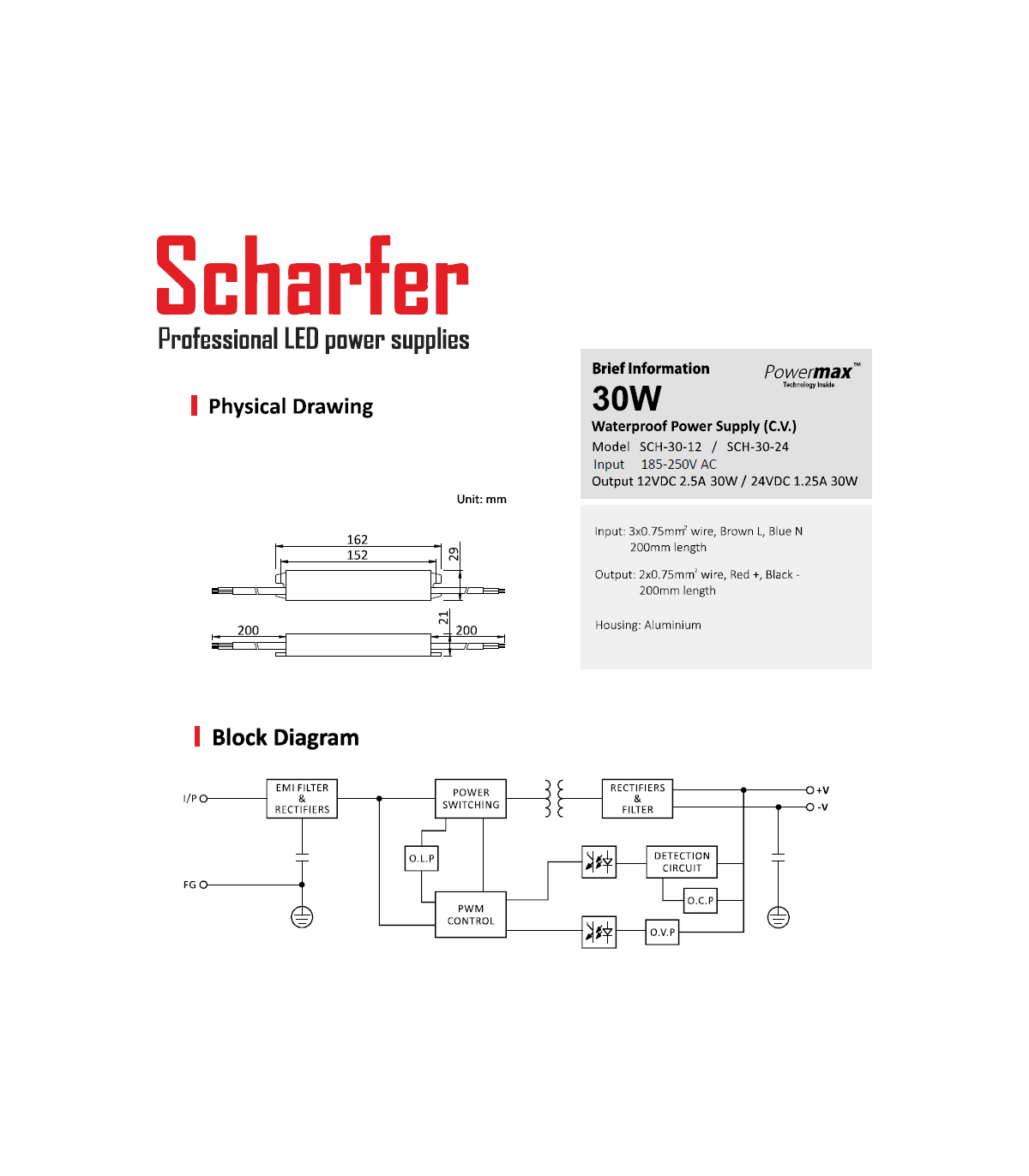 Scharfer SCH-30-24 - Alimentatore Trasformatore LED Power Supply IP67 24V  30W