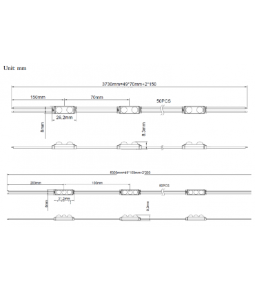 Chaîne de 50 modules 0.72w/module WHITE 7000K  12V  IP67 140°
