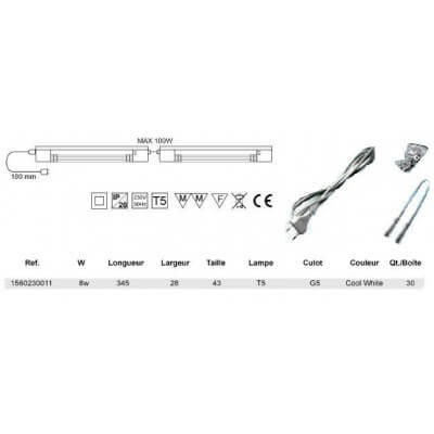 Reglette electronique T5 8w avec interupteur et prise
