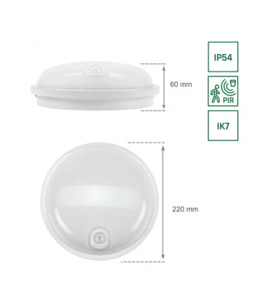 Hublot LED Technic Lamp  rond 20W avec détecteur étanche IP54 4000K 2300 lumens - IP54 étanche aux éclaboussures.